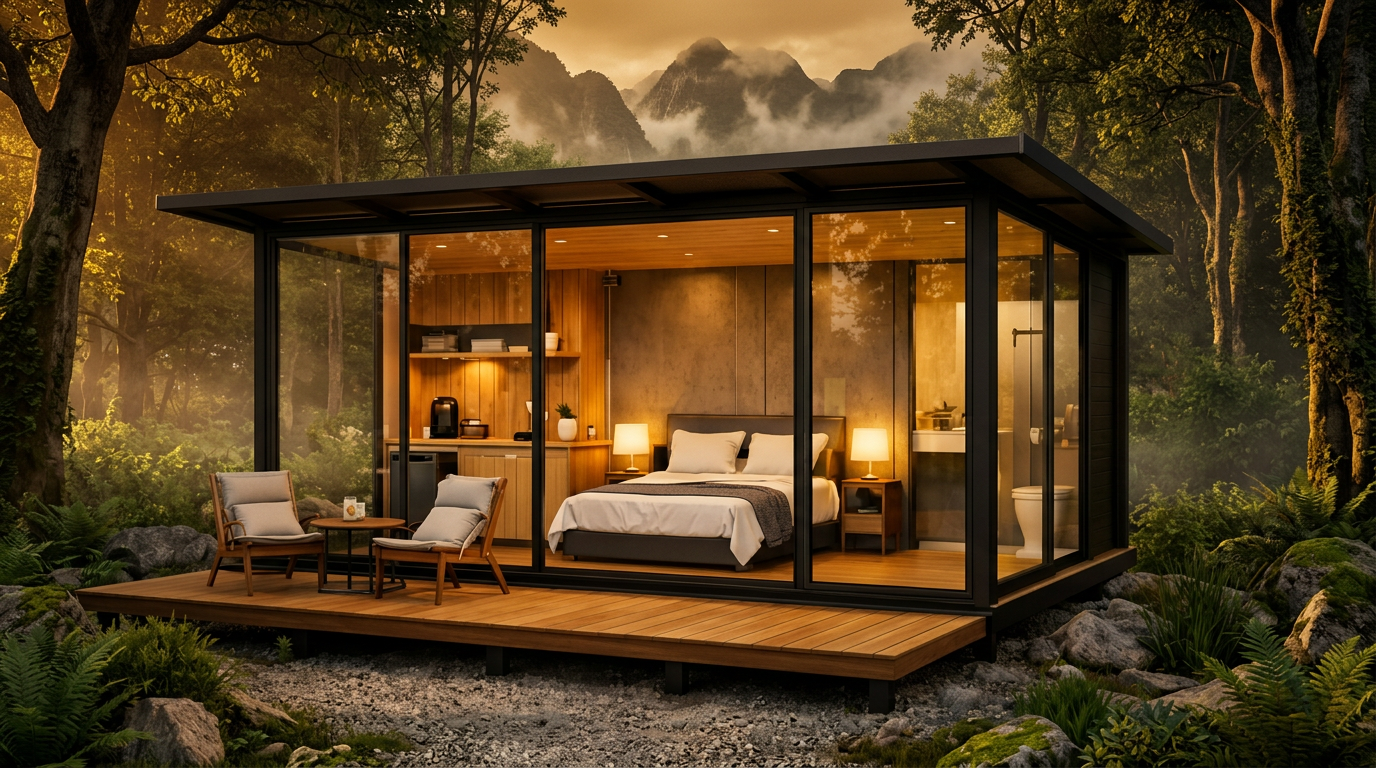 Chalé modular em meio à floresta