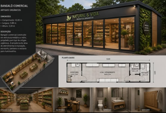 Bangalô comercial — loja, escritório e banheiro