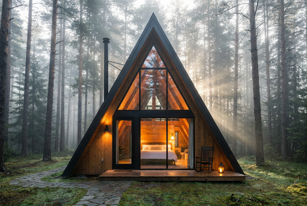 A-frame em floresta de pinheiros com neblina